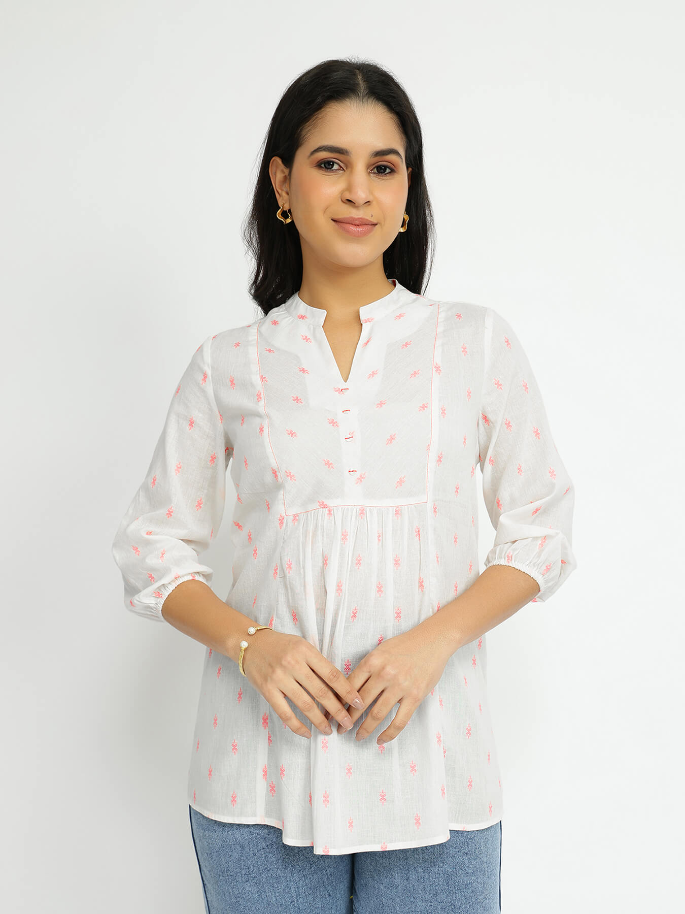 Cotton Woven Design Top - White & Peach