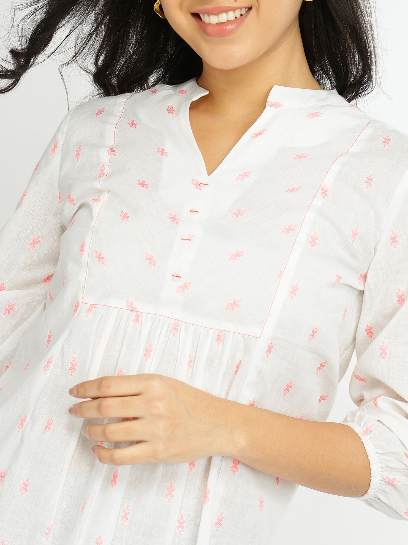 Cotton Woven Design Top - White & Peach