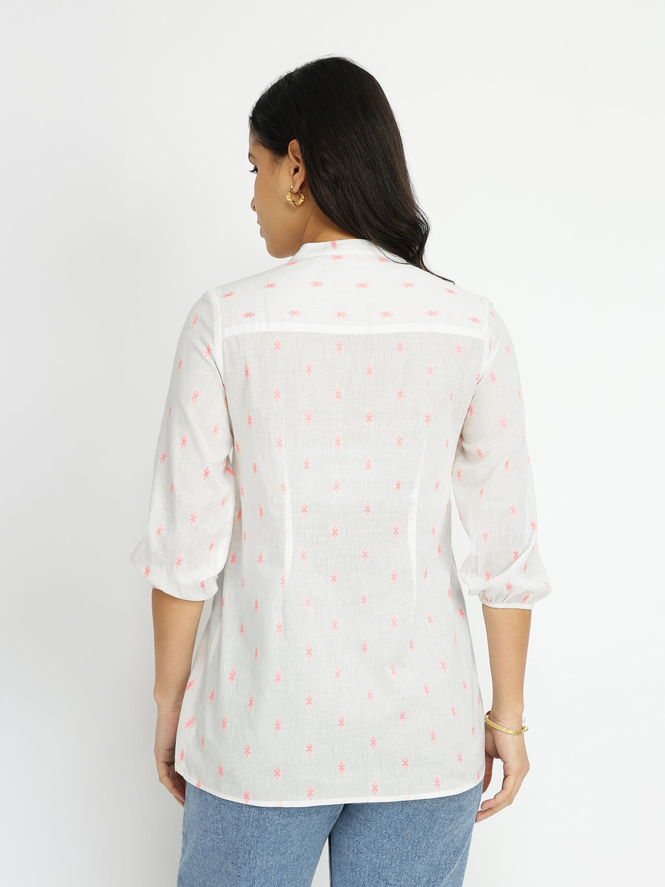 Cotton Woven Design Top - White & Peach