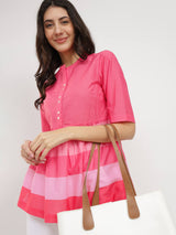 Cotton Striped Peplum Top - Pink