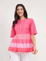 Cotton Striped Peplum Top - Pink