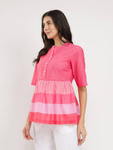 Cotton Striped Peplum Top - Pink
