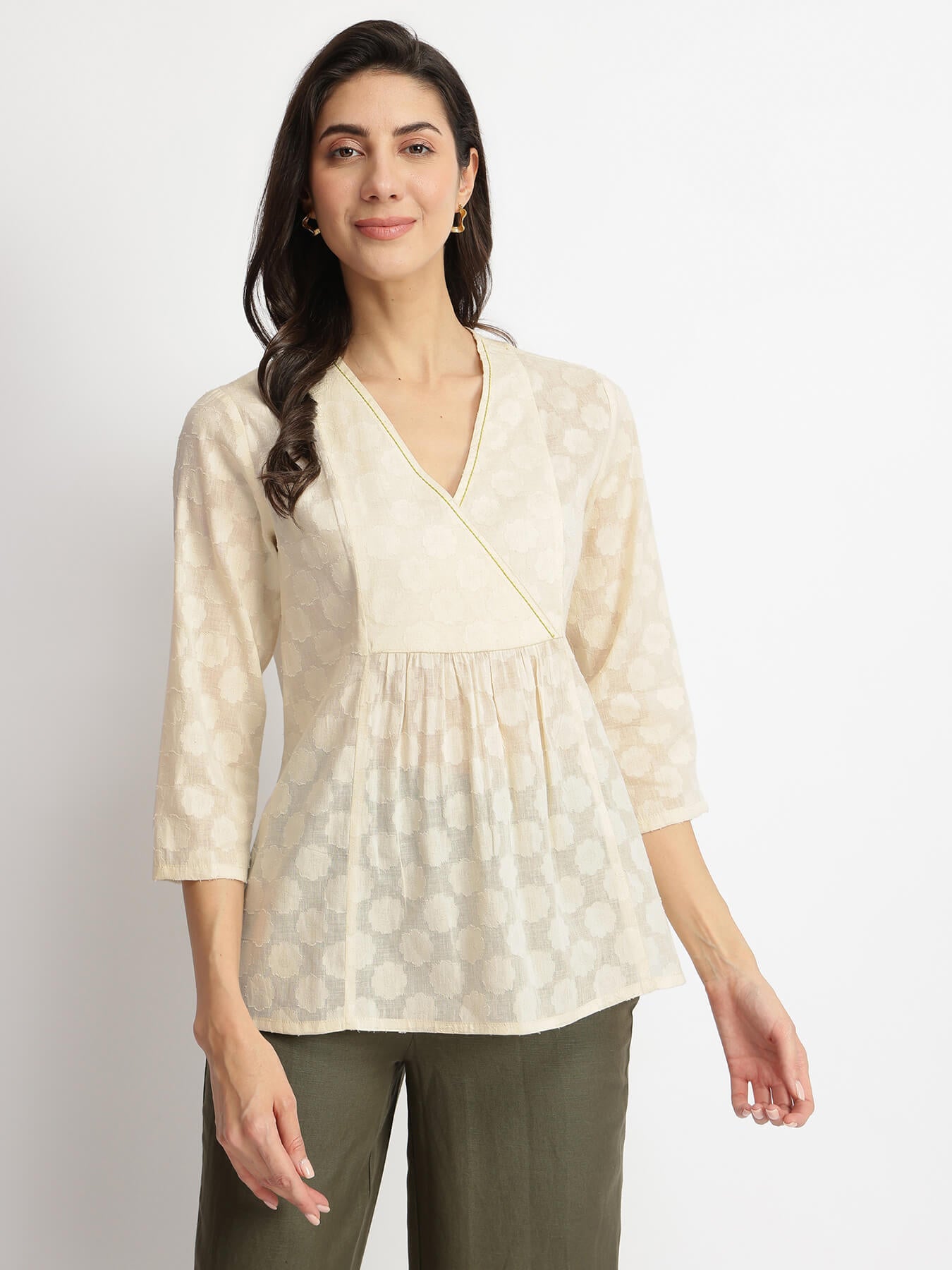 Cotton Jacquard Yoke Detail Top - Off-White