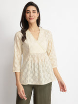Cotton Jacquard Yoke Detail Top - Off-White