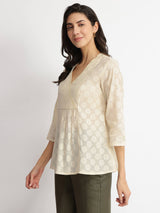 Cotton Jacquard Yoke Detail Top - Off-White