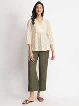 Cotton Jacquard Yoke Detail Top - Off-White