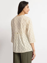 Cotton Jacquard Yoke Detail Top - Off-White