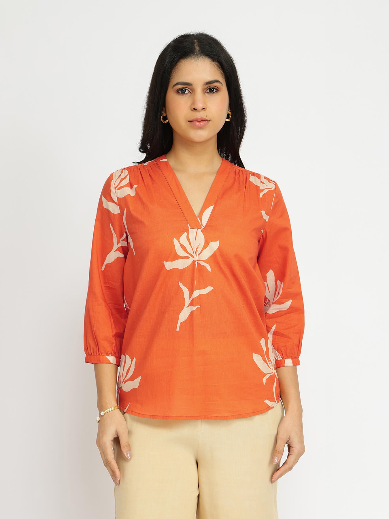 Cotton Floral V-Neck Top - Orange