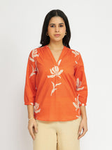 Cotton Floral V-Neck Top - Orange