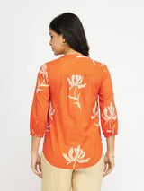 Cotton Floral V-Neck Top - Orange