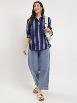 Cotton Dabu Striped Shirt - Indigo