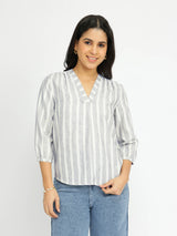 Cotton Striped V-Neck Top - Grey