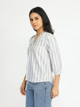 Cotton Striped V-Neck Top - Grey