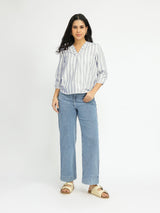 Cotton Striped V-Neck Top - Grey