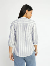 Cotton Striped V-Neck Top - Grey