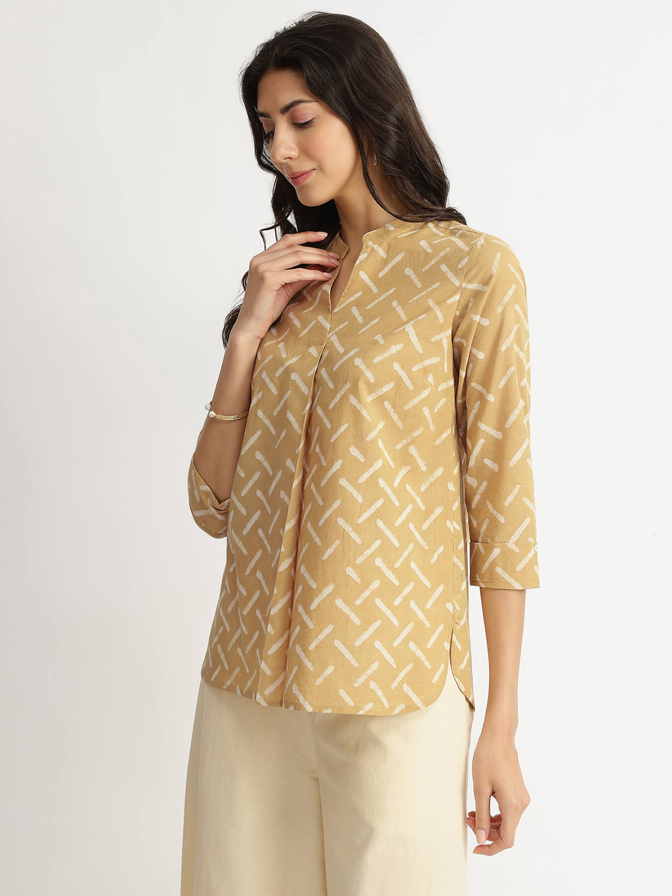 Cotton Dabu Geometric Print Top - Yellow