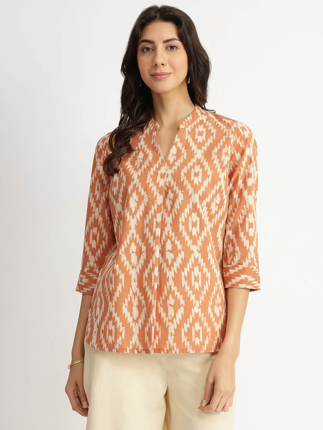 Cotton Dabu Geometric Print Top - Rust