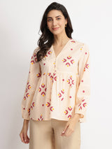 Cotton Floral Motif Top - Off-White & Red