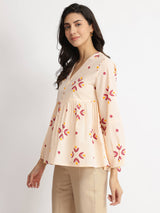 Cotton Floral Motif Top - Off-White & Red