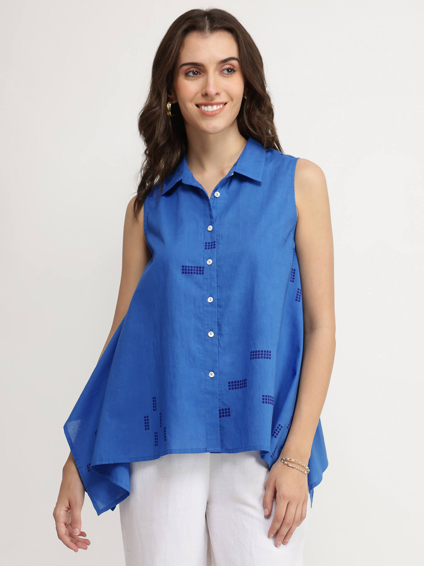 Cotton Geometric Asymmetric Shirt - Blue