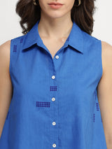 Cotton Geometric Asymmetric Shirt - Blue