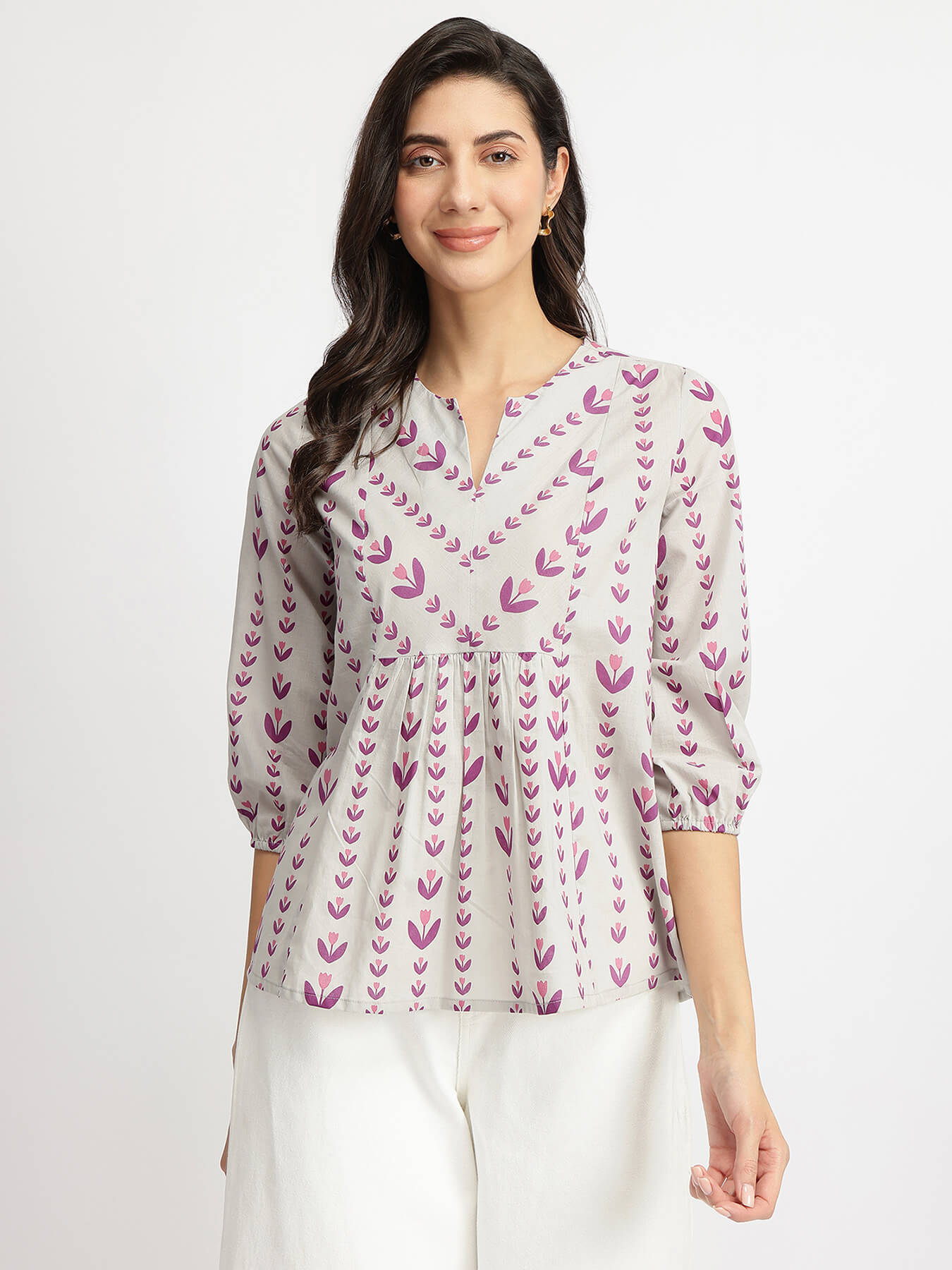 Cotton Floral Motif Gathered Top - Grey & Purple