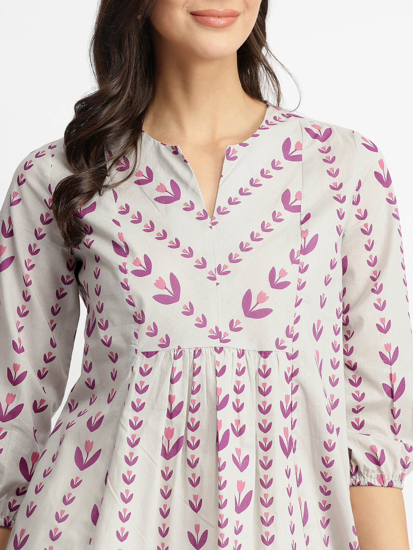 Cotton Floral Motif Gathered Top - Grey & Purple