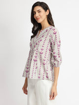 Cotton Floral Motif Gathered Top - Grey & Purple
