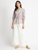 Cotton Floral Motif Gathered Top - Grey & Purple