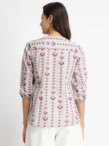 Cotton Floral Motif Gathered Top - Grey & Purple