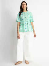 Cotton Floral Motif Gathered Top - Blue