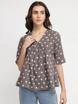 Cotton Dabu Polka Print Gathered Top - Grey