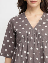 Cotton Dabu Polka Print Gathered Top - Grey