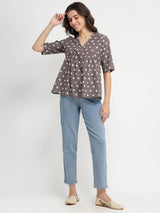 Cotton Dabu Polka Print Gathered Top - Grey