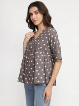 Cotton Dabu Polka Print Gathered Top - Grey