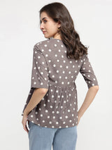 Cotton Dabu Polka Print Gathered Top - Grey