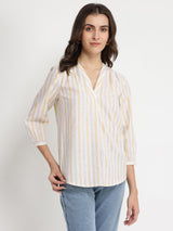 Cotton Striped V-Neck Top - Multicolour
