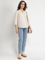 Cotton Striped V-Neck Top - Multicolour