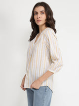 Cotton Striped V-Neck Top - Multicolour