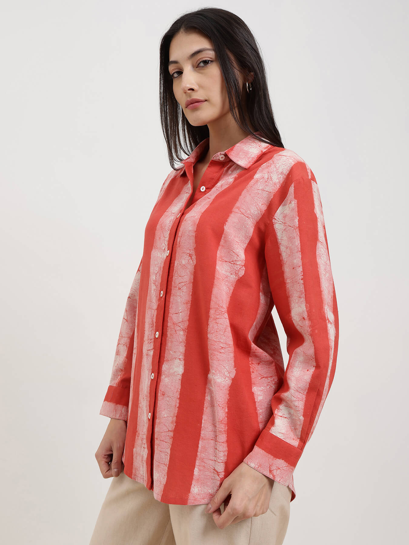 Cotton Dabu Striped Shirt - Red
