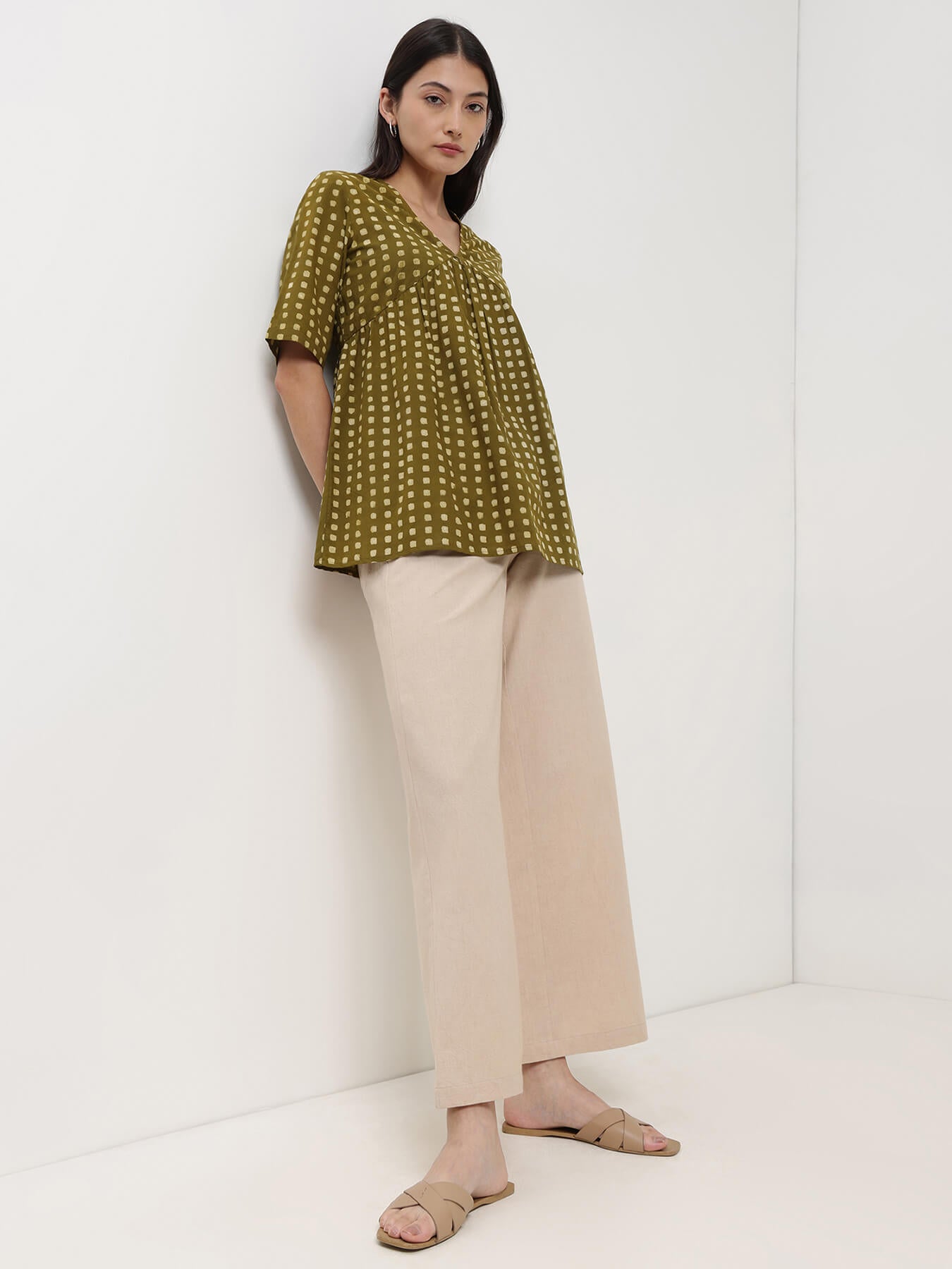 Cotton Dabu Geometric Print Top - Olive