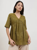 Cotton Dabu Geometric Print Top - Olive