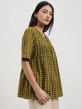Cotton Dabu Geometric Print Top - Olive