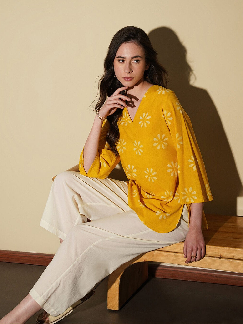 Cotton Dabu Floral Top - Yellow
