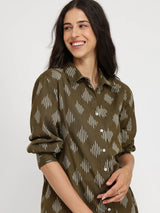 Cotton Ikat Full Sleeves Shirt - Olive