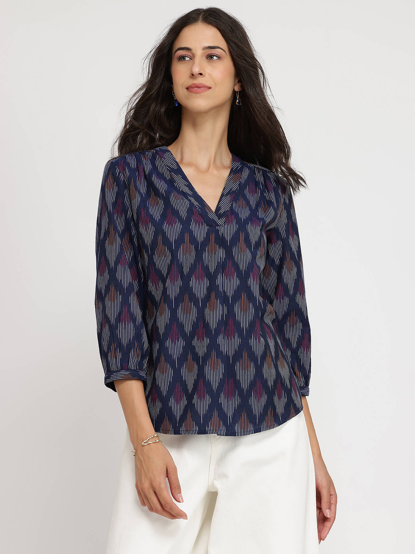 Cotton Ikat V-neck Top - Navy Blue