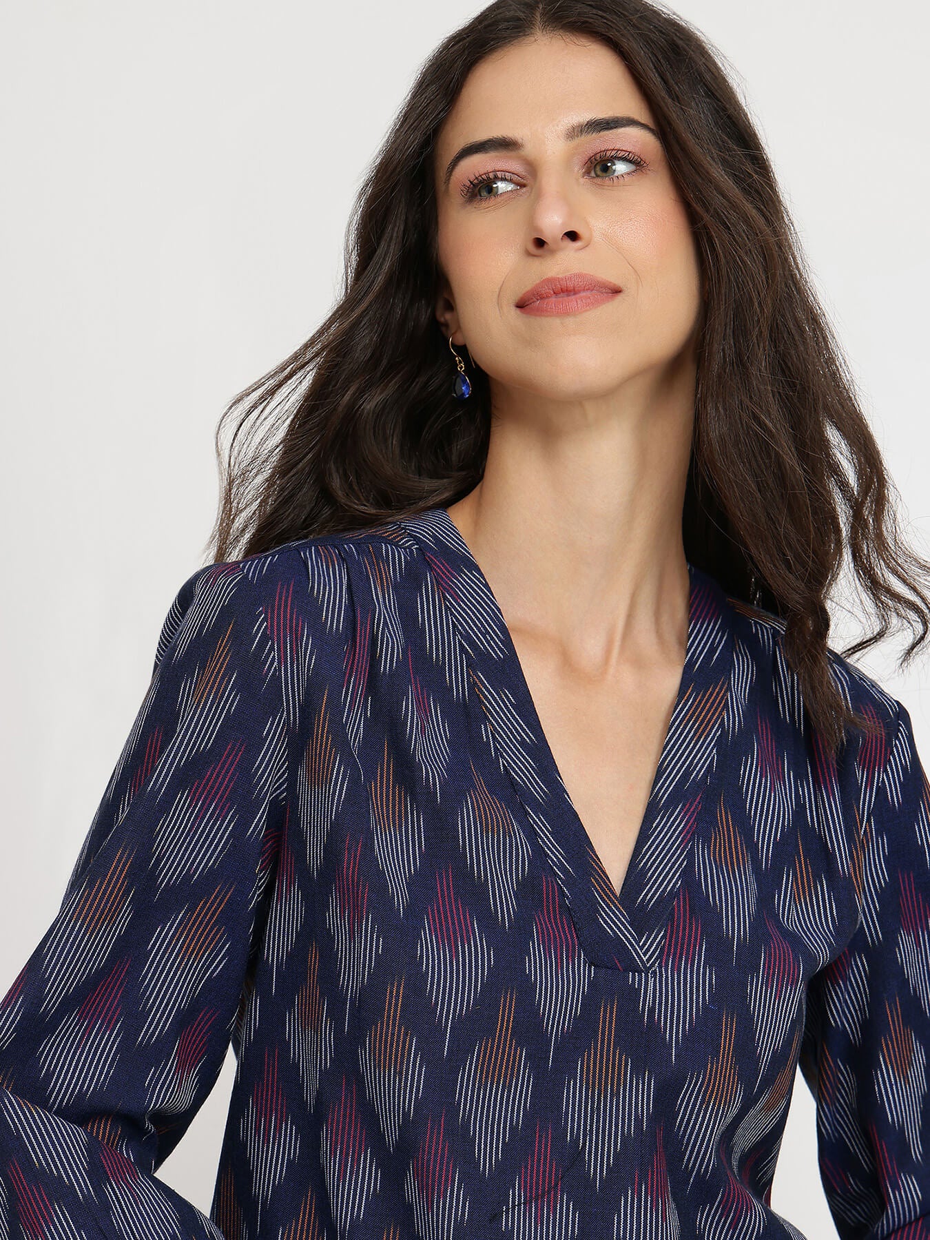 Cotton Ikat V-neck Top - Navy Blue