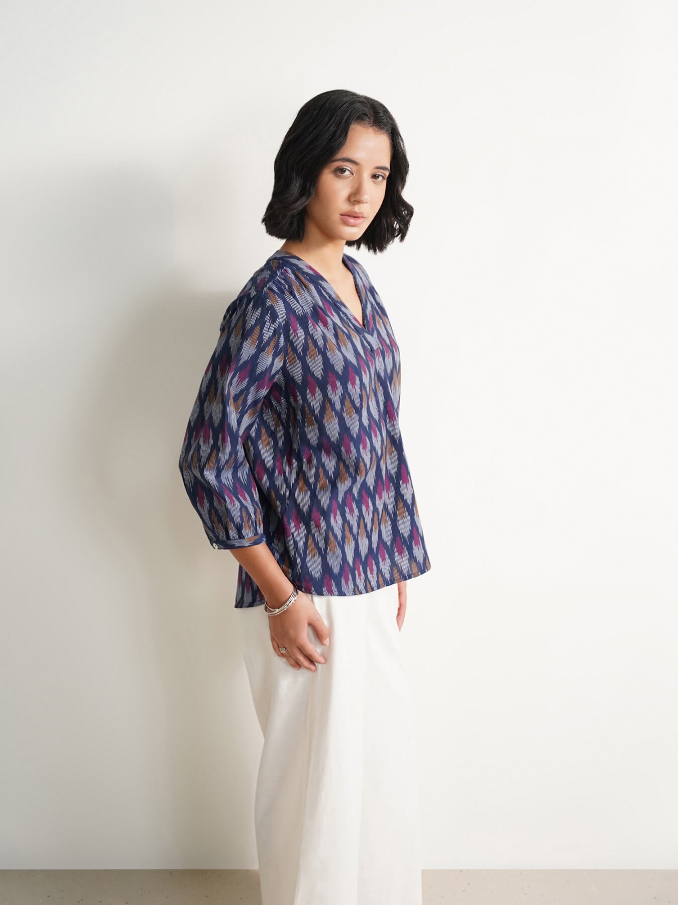 Cotton Ikat V-neck Top - Navy Blue
