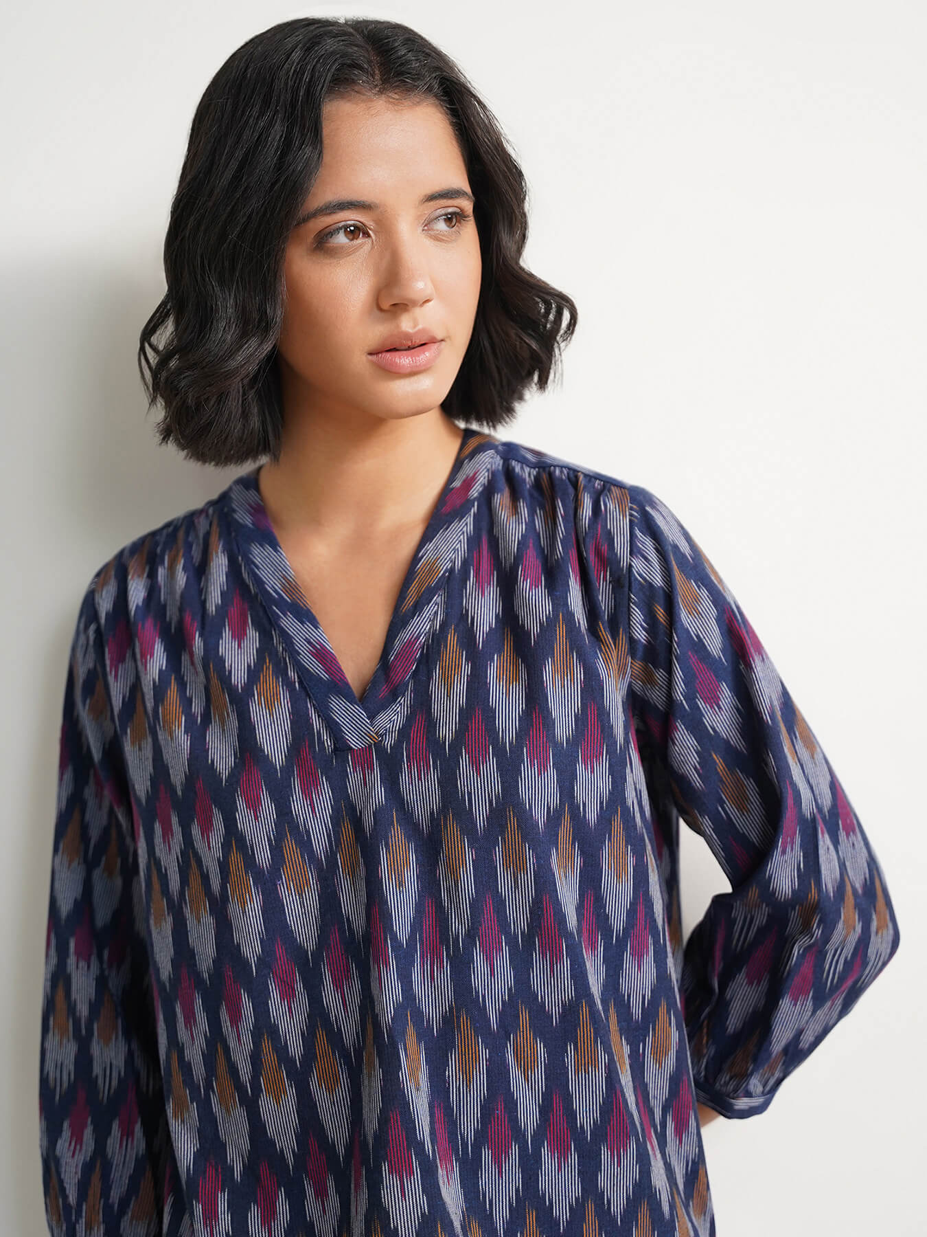 Cotton Ikat V-neck Top - Navy Blue
