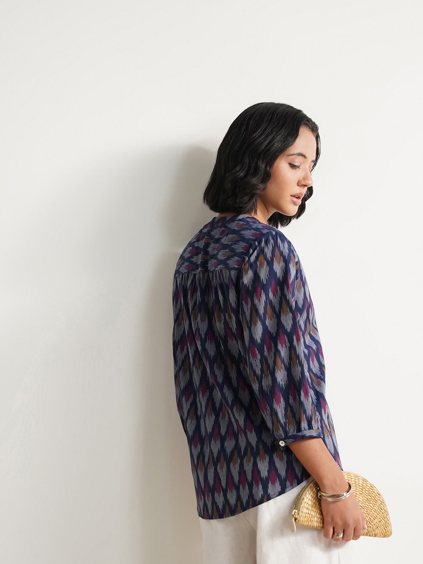 Cotton Ikat V-neck Top - Navy Blue